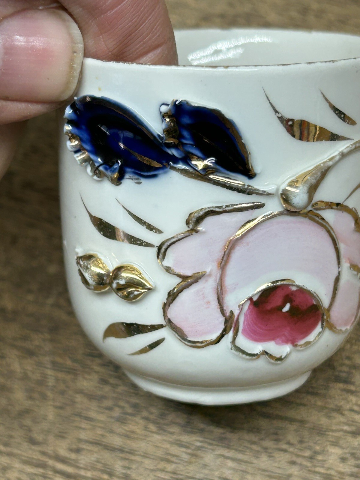 Antique Germany cobalt blue white gold rust Demitasse Cup applied Flowers Leaves