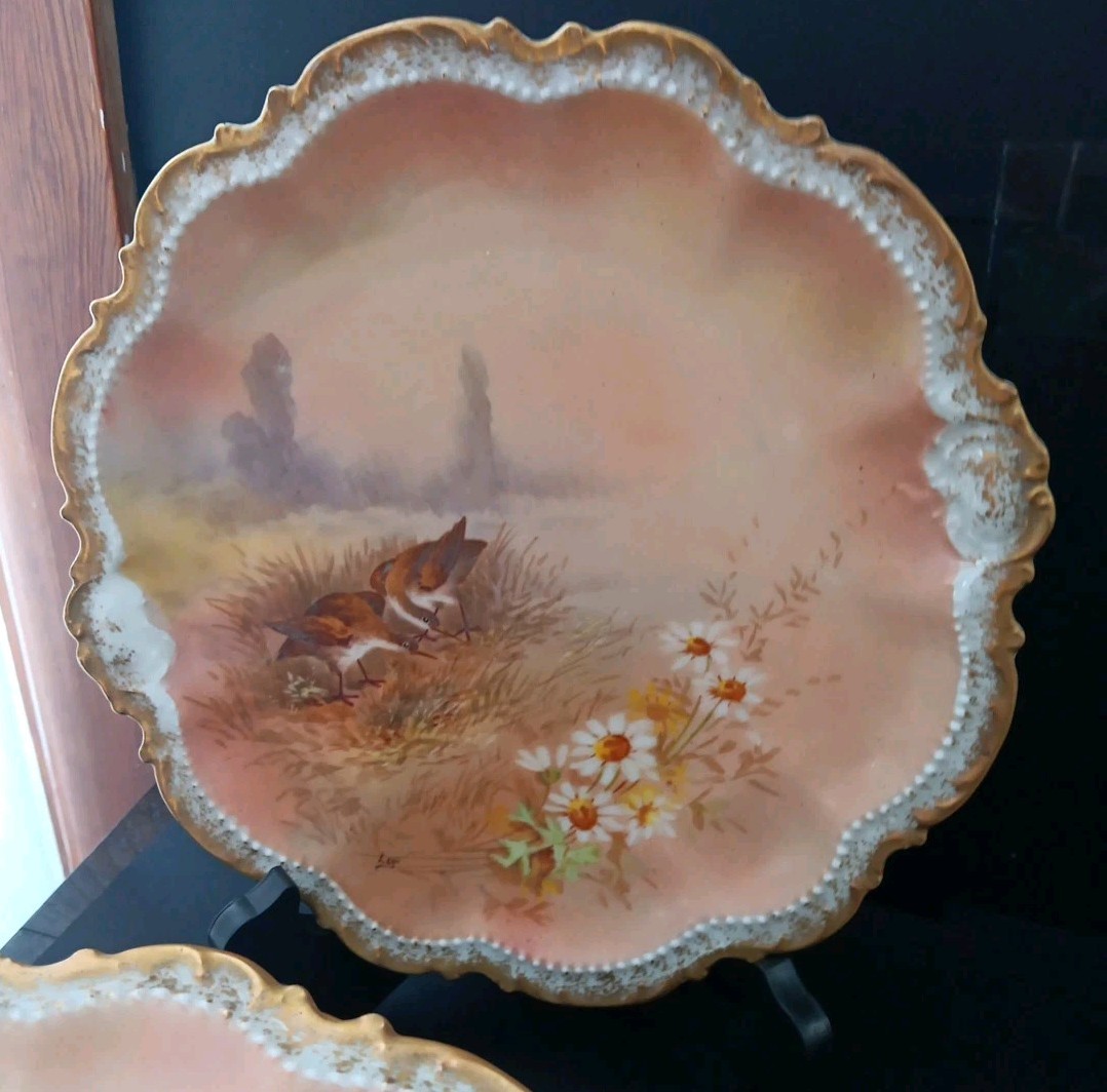 11 Antique 1906 Limoge Game Plate Set Coronet Signed LUC Sauce Bowls HP