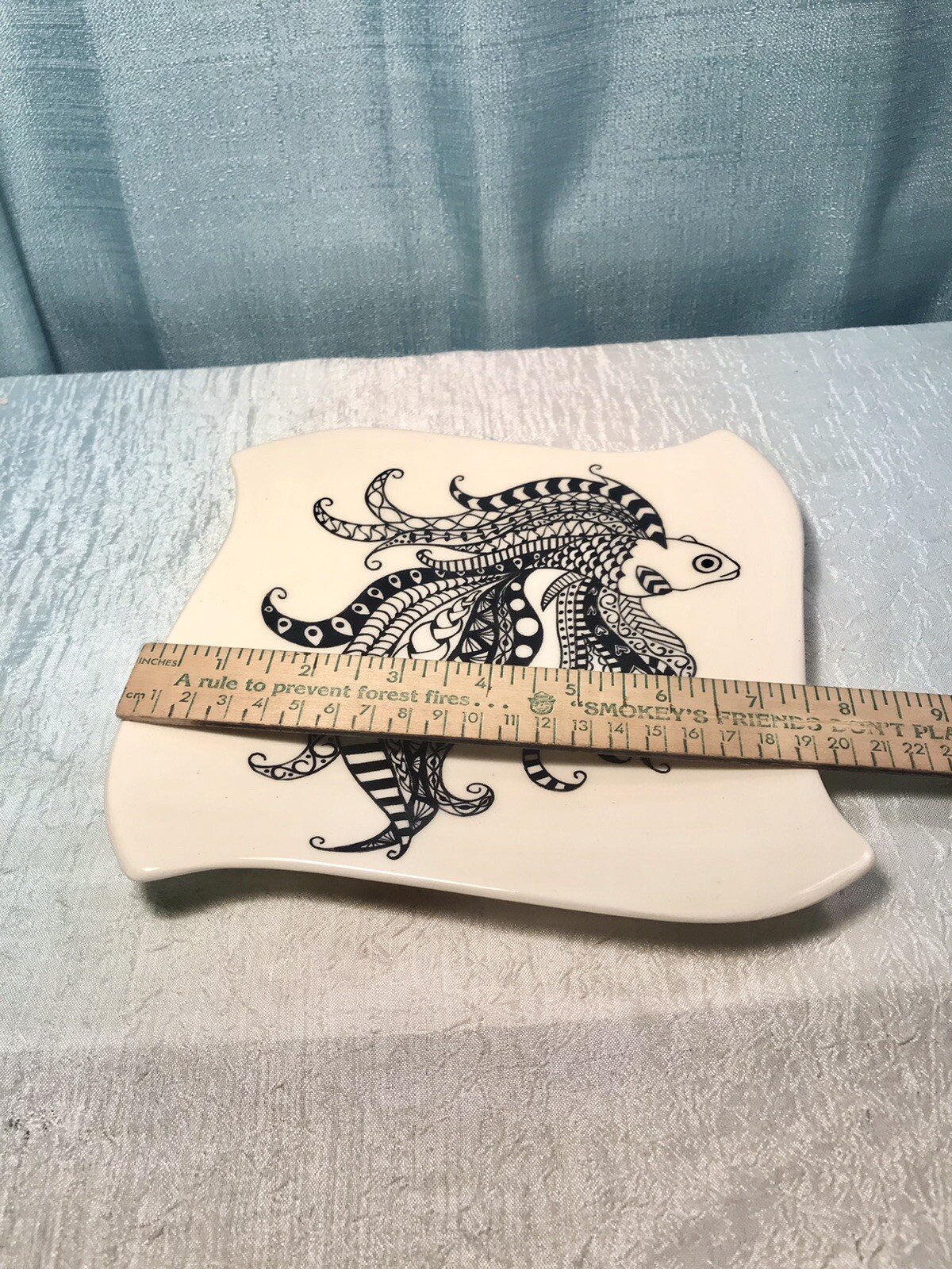 Hand Made Ceramic Plate w Beta Fish Fancy Serving Dish Asymmetrical Square 8”