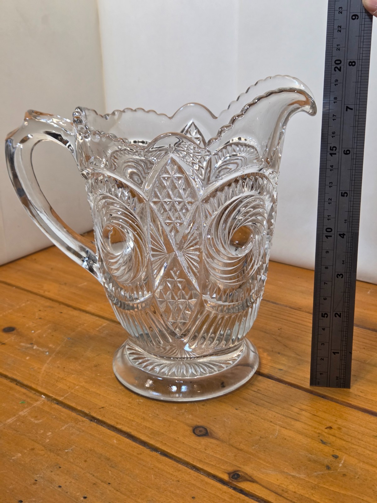 Antique EAPG US Glass Co Water Pitcher Diamond Swirl Zippered Bullseye