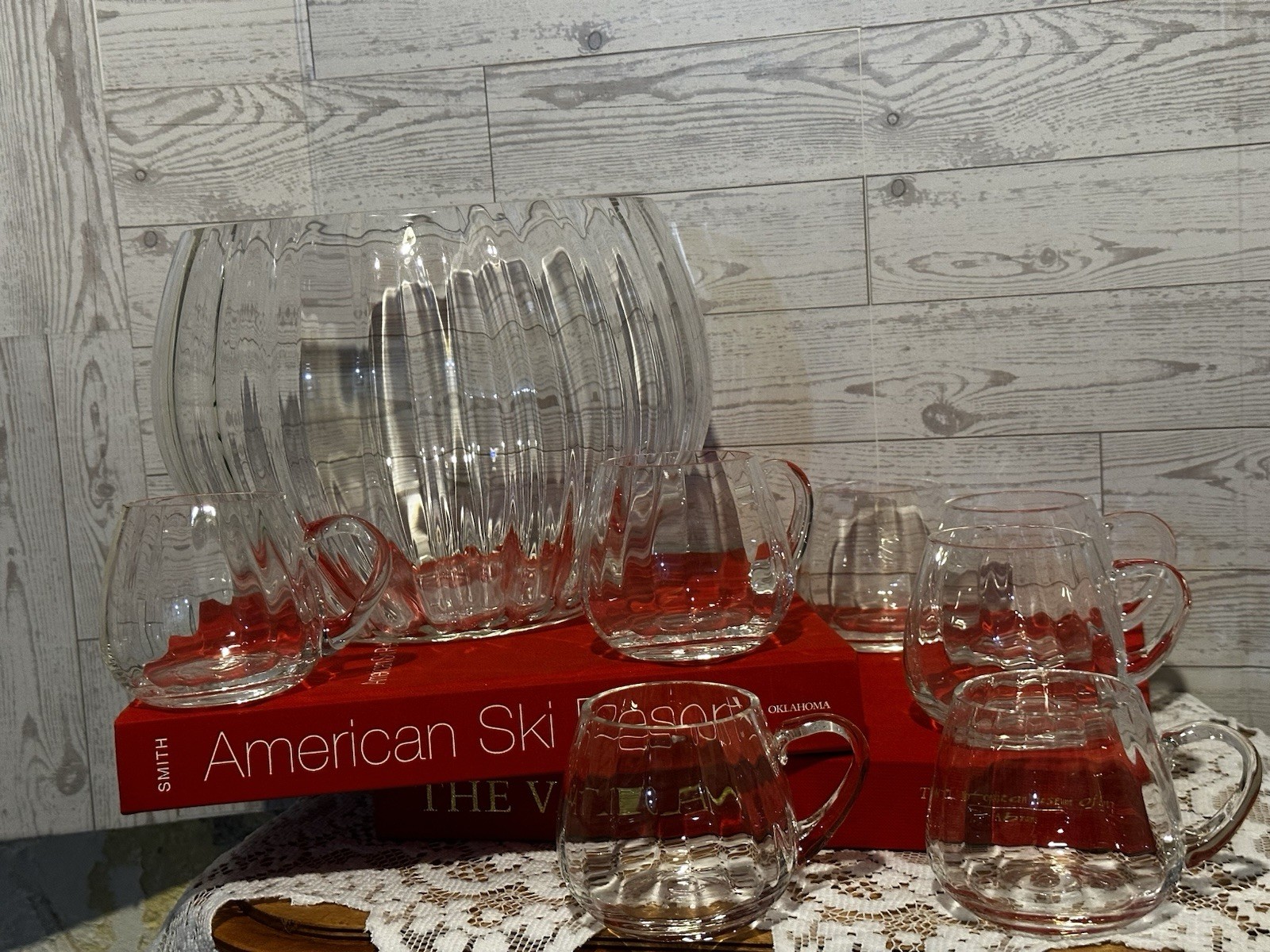 A Krosno glass punch bowl with matching handled cups.