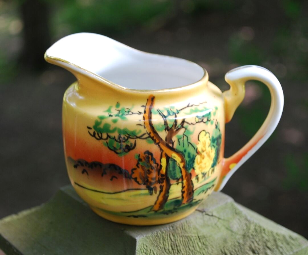 Vintage FANCY CREAMER 1920s Japan Hand Painted Porcelain LANDSCAPE Tree Scene