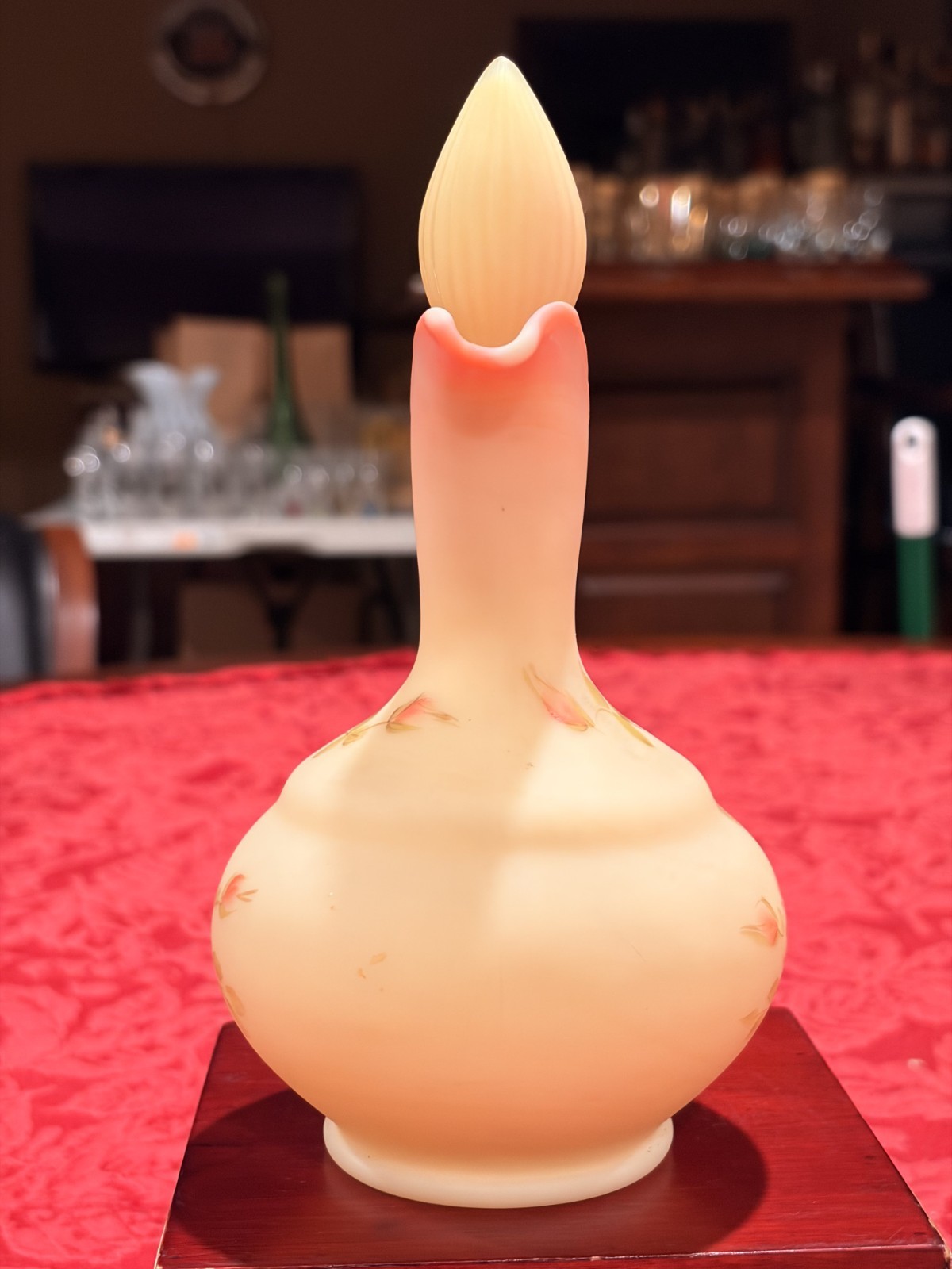 Vintage Fenton Burmese Satin Glass Cruet Stopper Hand Painted Roses UV Glow