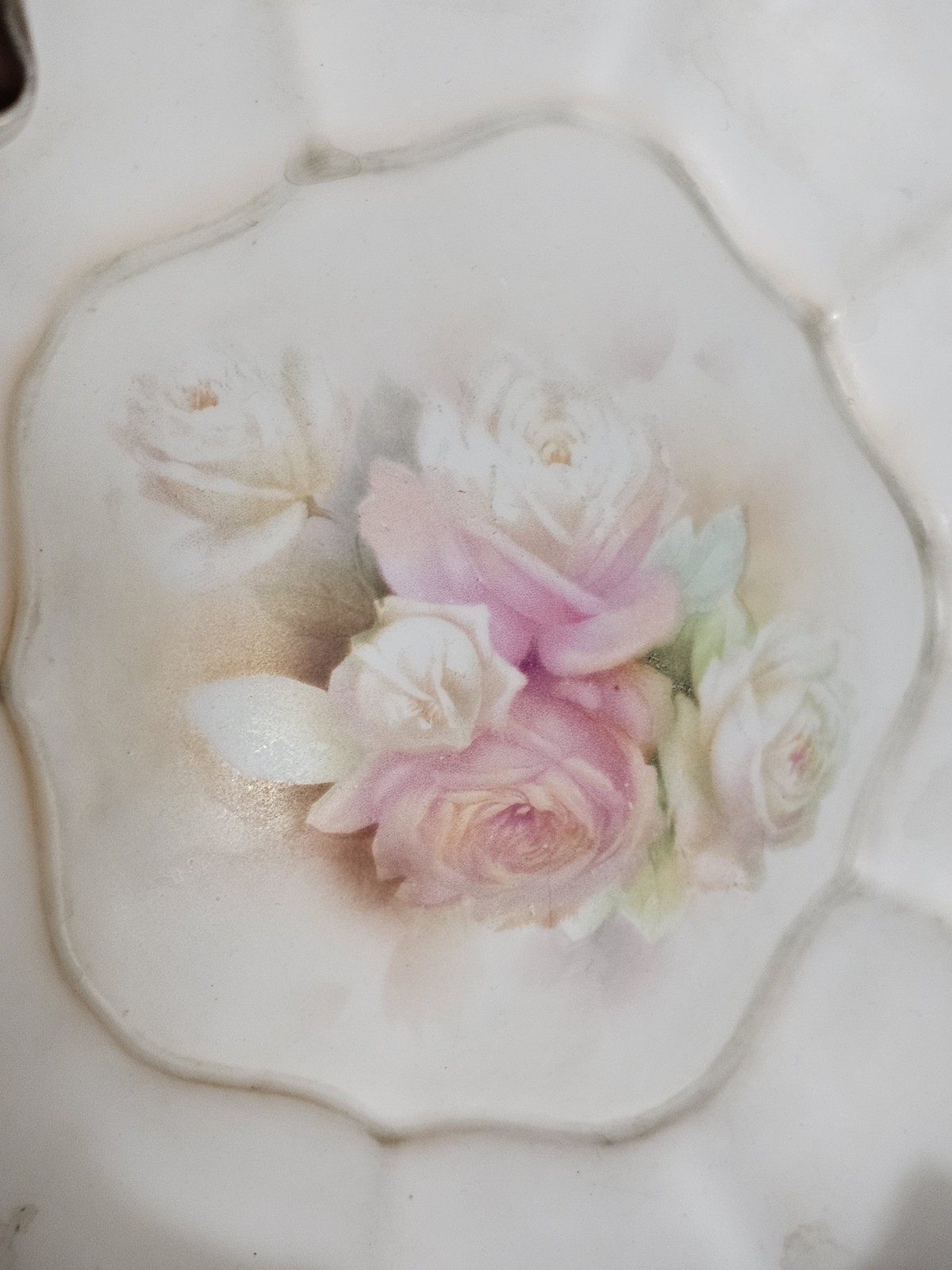 Antique RS Prussia Pink Rose 9″ Blown Out Bowl Exterior Painted Floral Gold