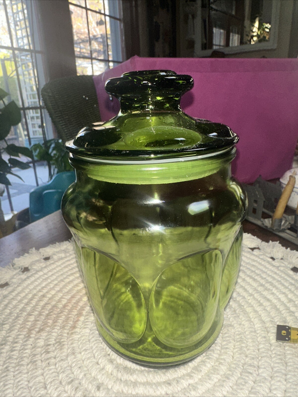 Fairfield AH Green Avocado Bubble Glass Canister & Lid Vintage MCM Vase G2