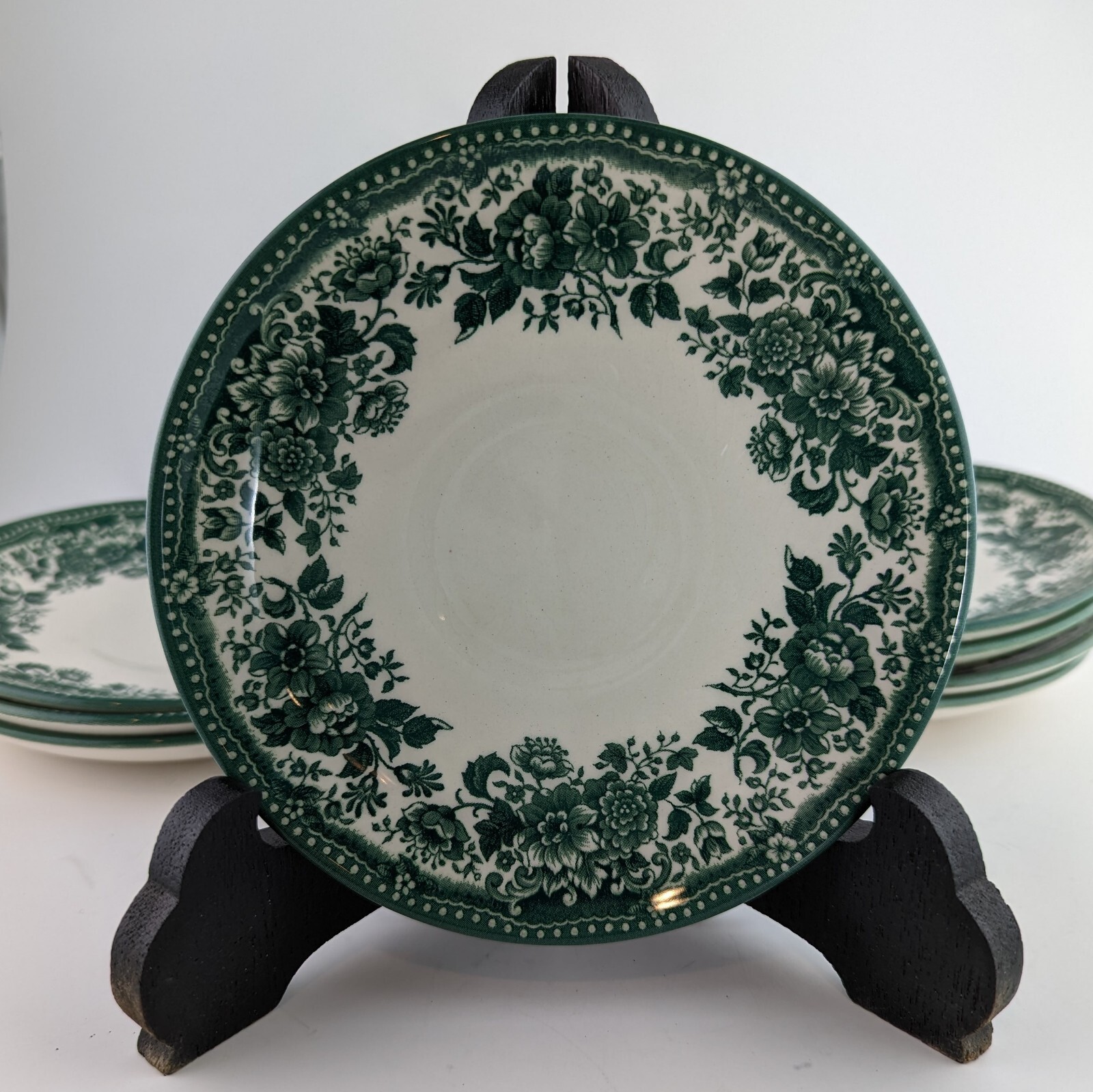 4 Claytan Ivory & Green Floral Saucer Plates, Flowers Malaysia 5.75″ Vintage