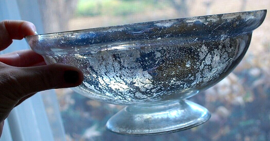 Antique Victorian SILVERED MERCURY GLASS BOWL Pedestal Base HAND BLOWN 9.25″
