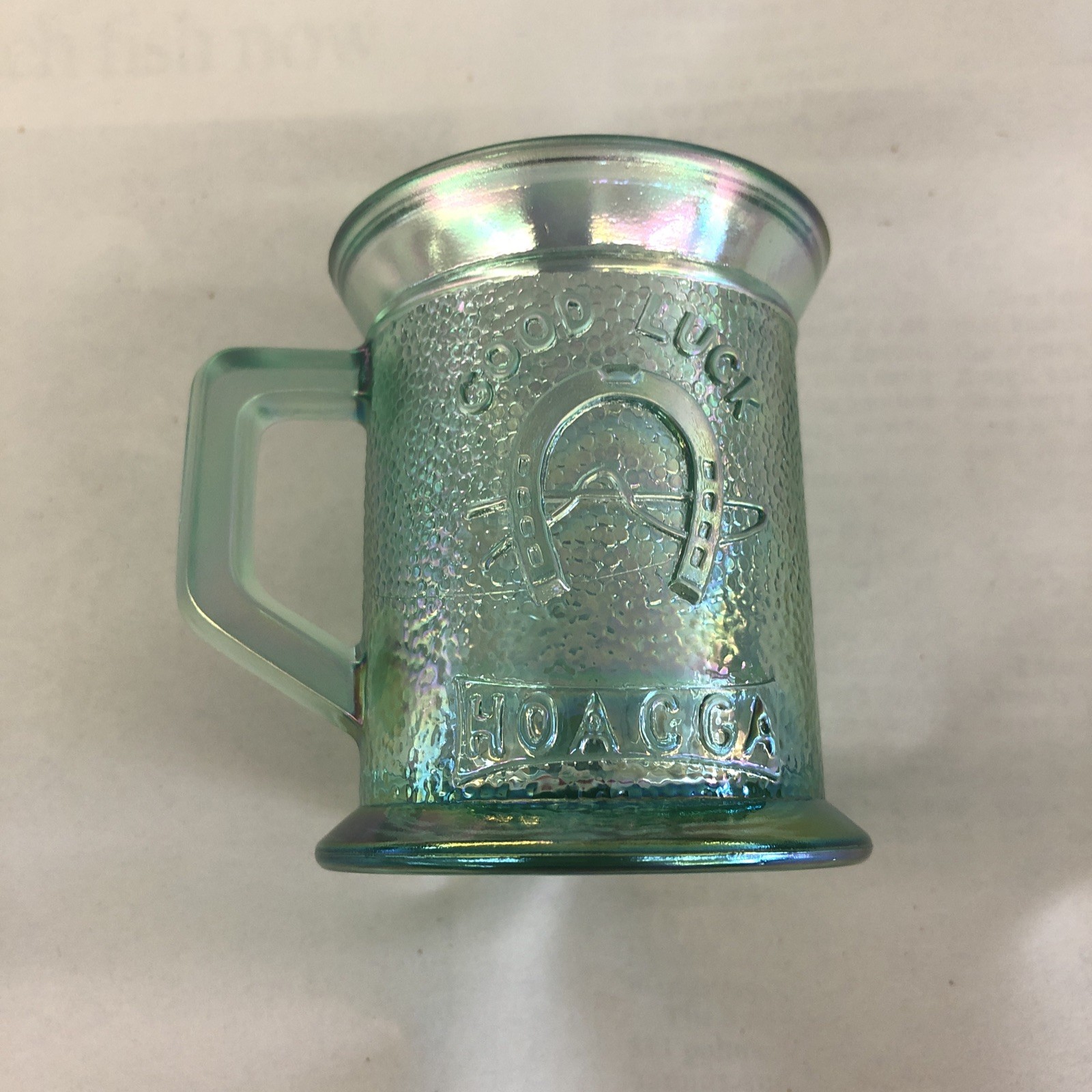 Fenton HOACGA 1992 Convention Miniature Teal Carnival Glass Good Luck Mug