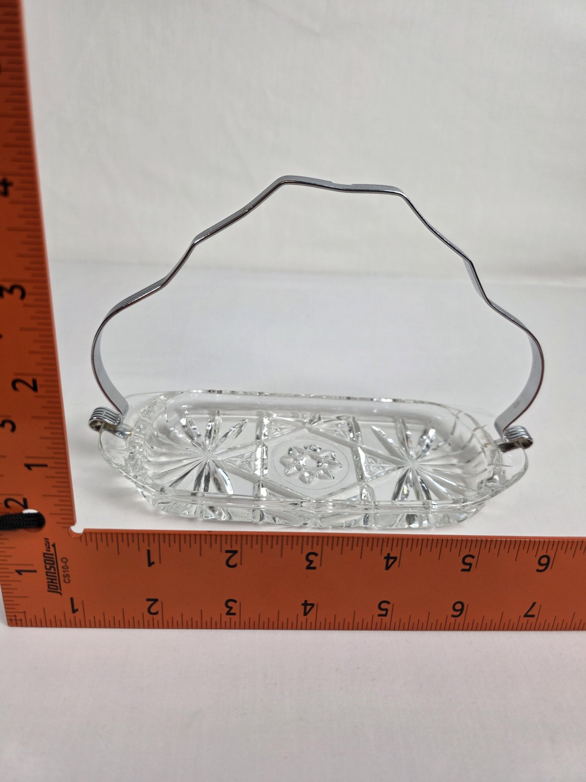 Vintage Glass Relish Tray Chrome Handle Starburst Cut Pattern Candy Dish Server