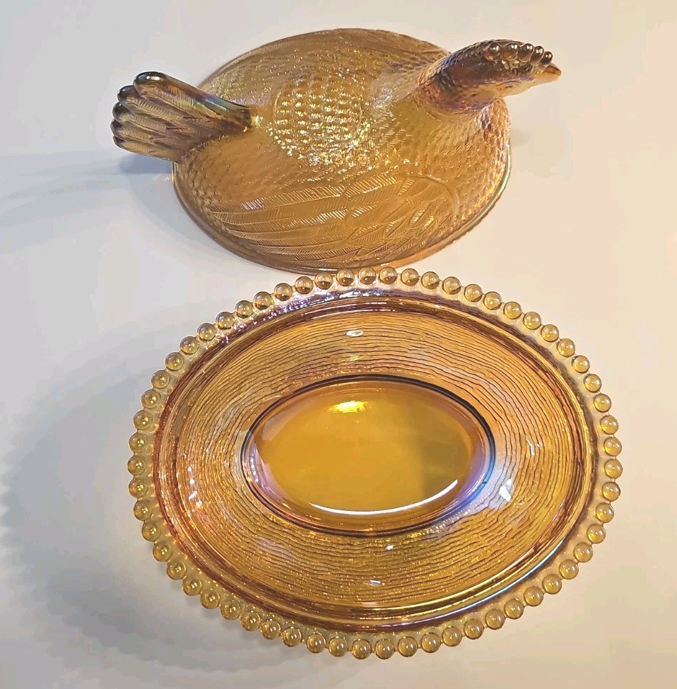 Vintage Indiana Golden Carnival Glass Hen on Nest Dish w/ Lid Oval Beaded Base