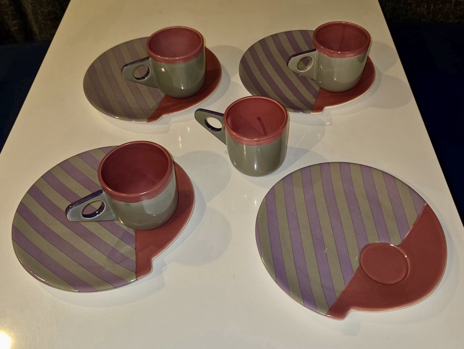 Vintage Vandor 1985 Cup/Saucer Set MidCentury Japan Pink Purple Striped Plates