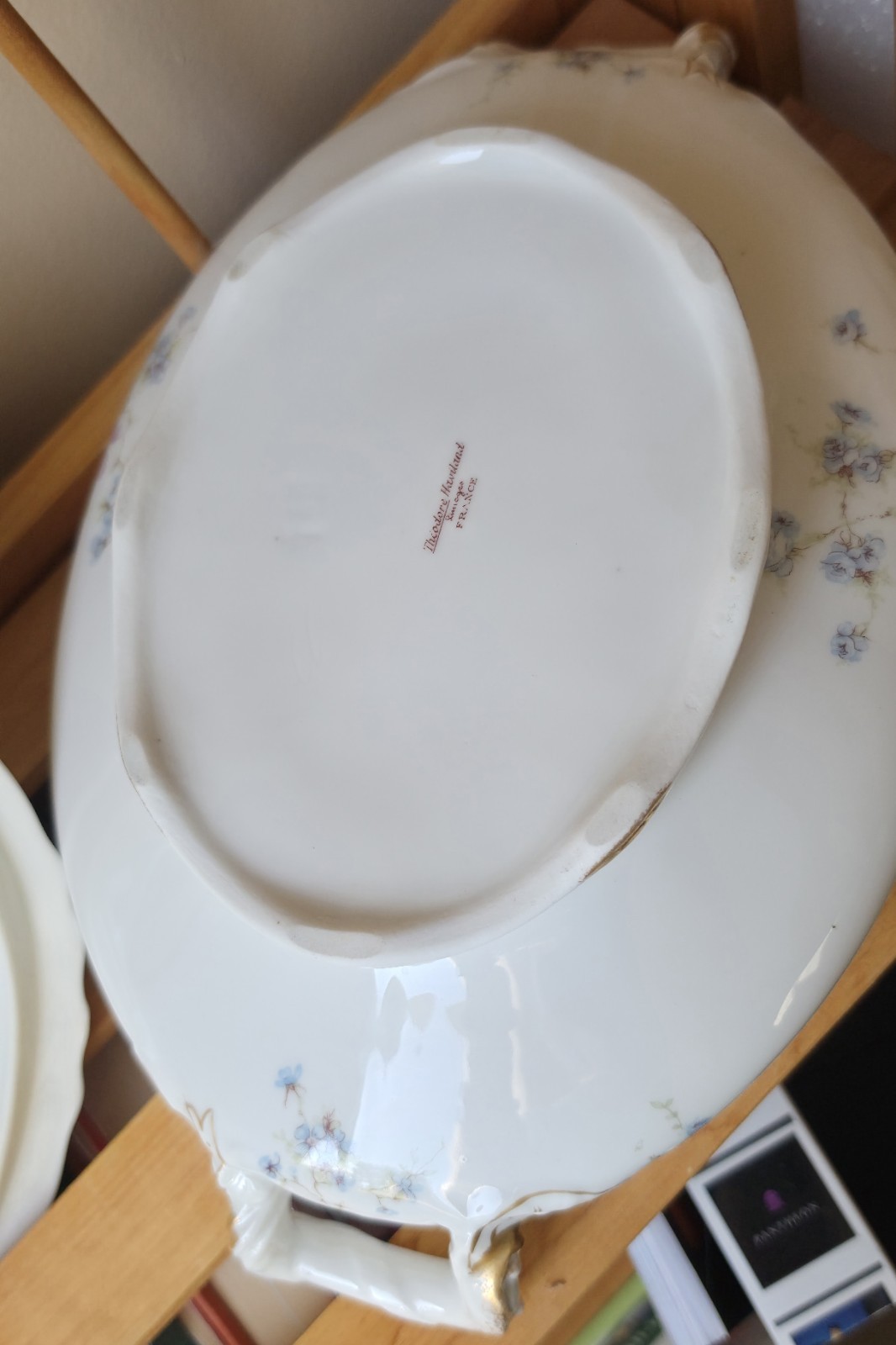 Theodore Haviland Oval Covered Vegetable-Pink Roses/Blue Scrolls -Schleiger