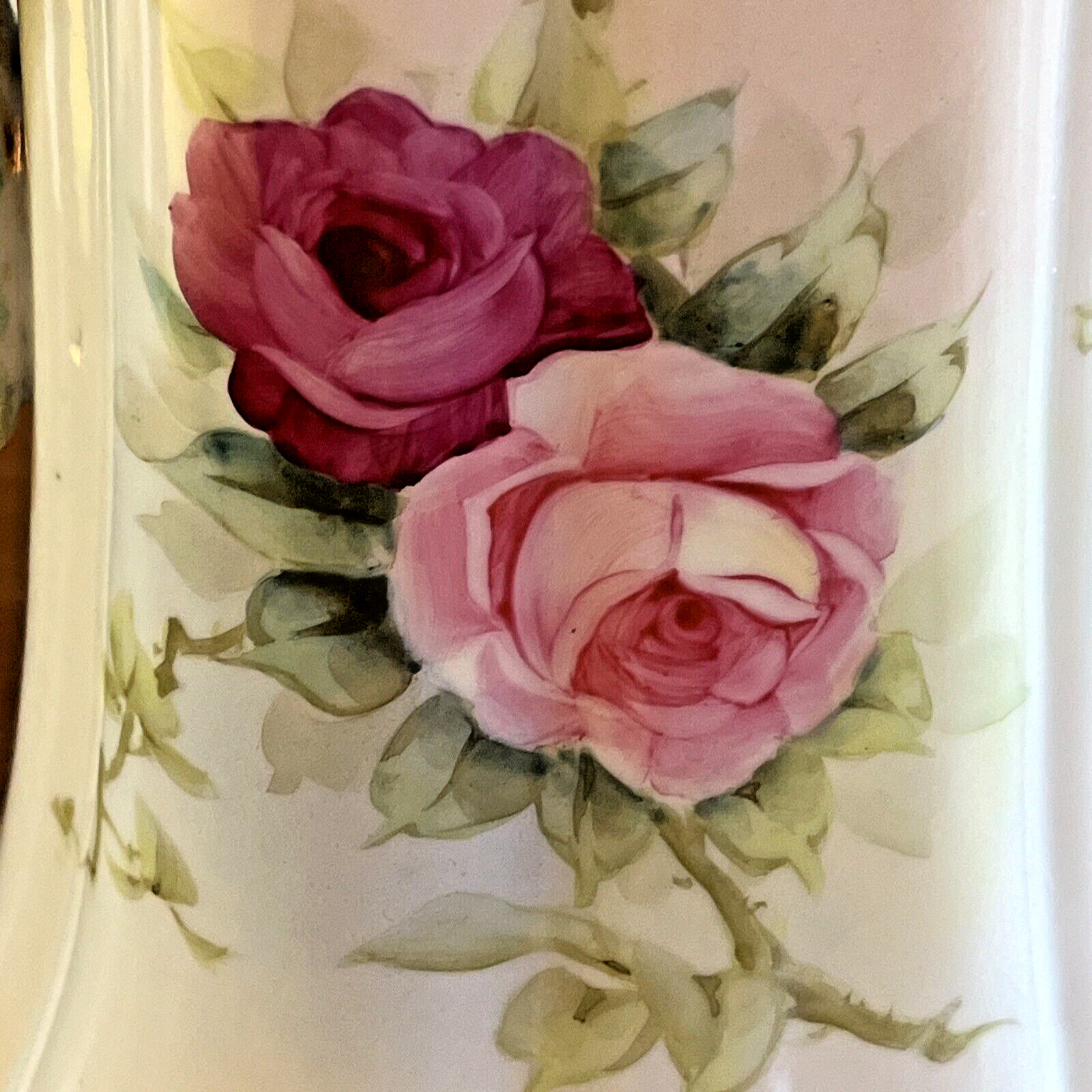 Antique Tall Pitcher Hand Painted Vase Tankard Ewer Roses Gold 15.5