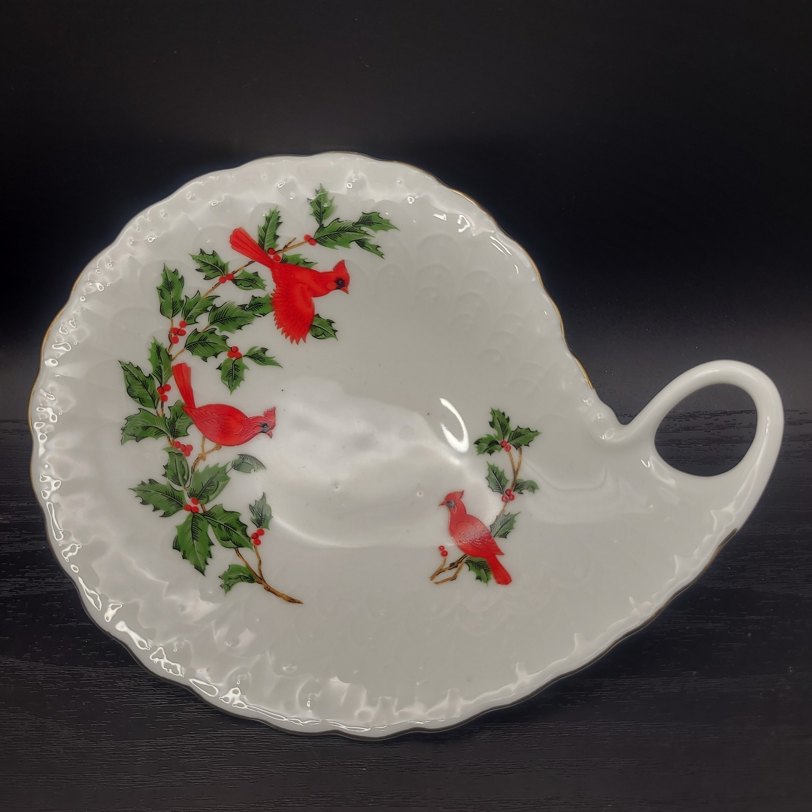 Vintage 1988 Lefton Bone China Red Cardinals & Holly Trinket Dish