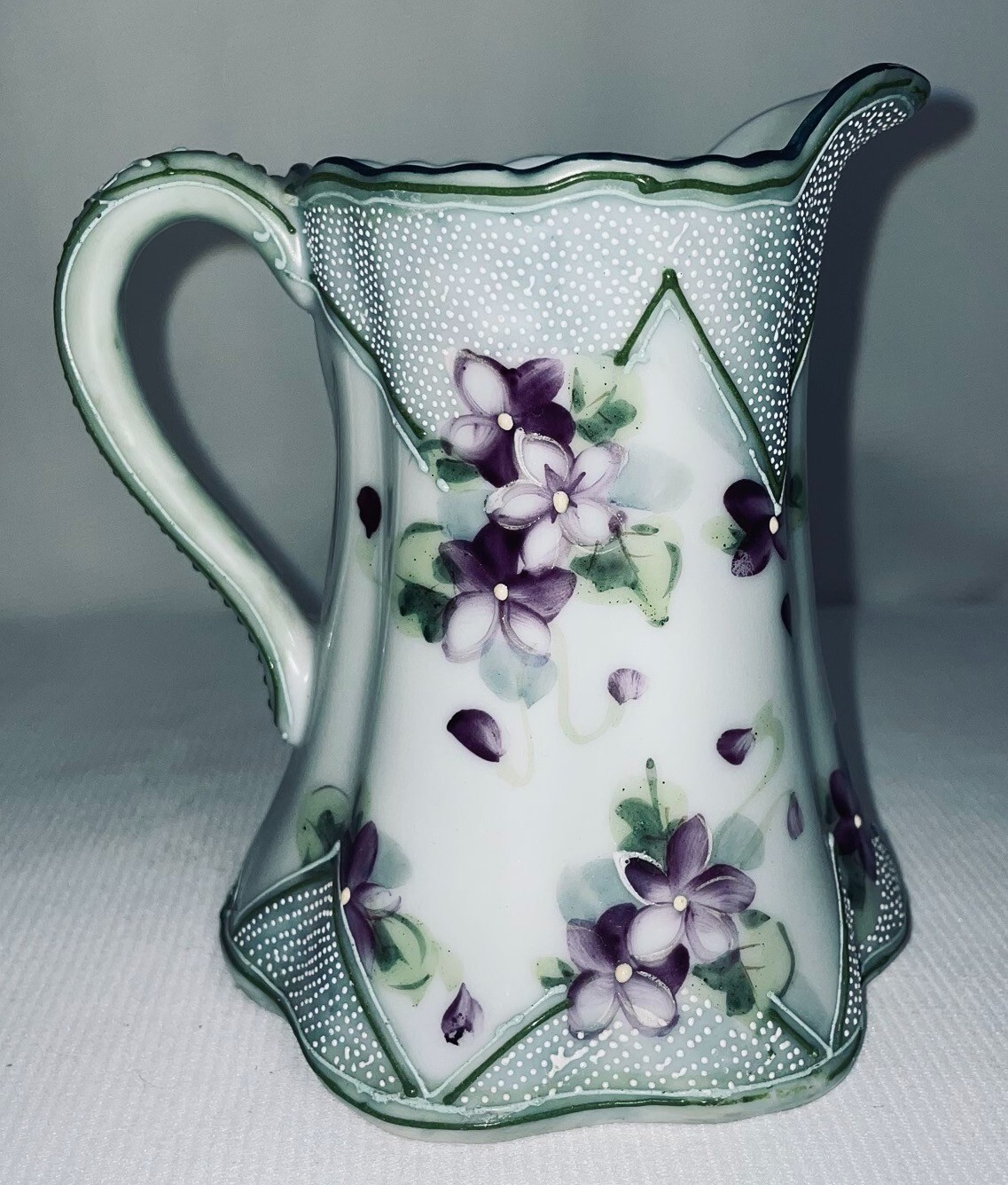 Porcelain Hand Painted Beaded Creamer 1800’s. 5 1/2 Inches High