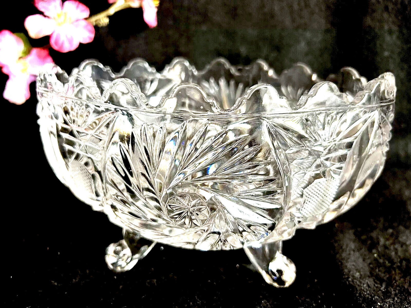Crystal Glass Footed Bowl 7”L x 5”W X 4”H Vintage