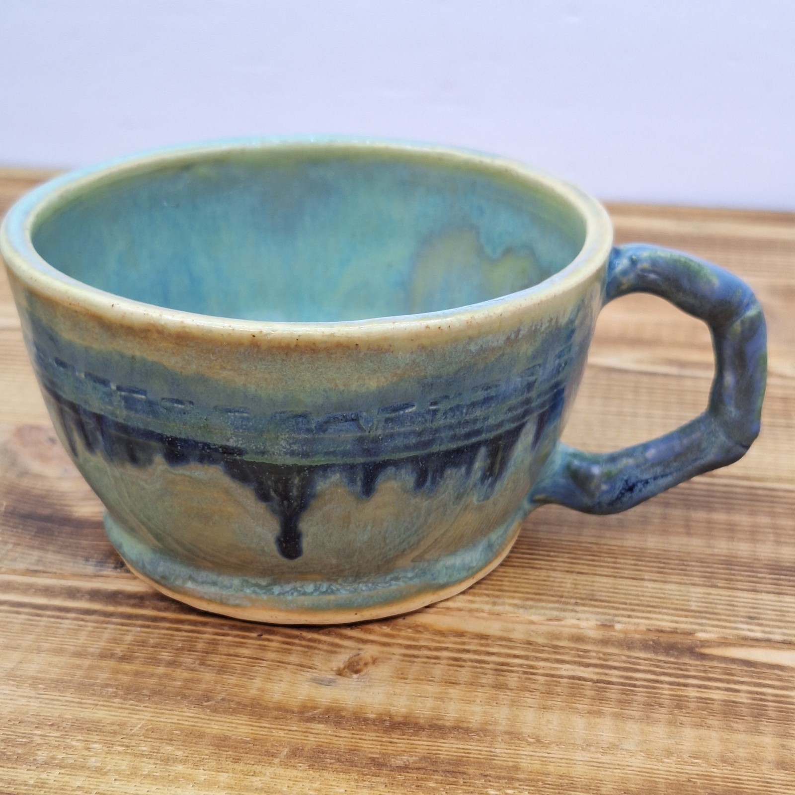 Vintage Hand Made Pottery Mug Signed Green Blue Neat Handle Signed