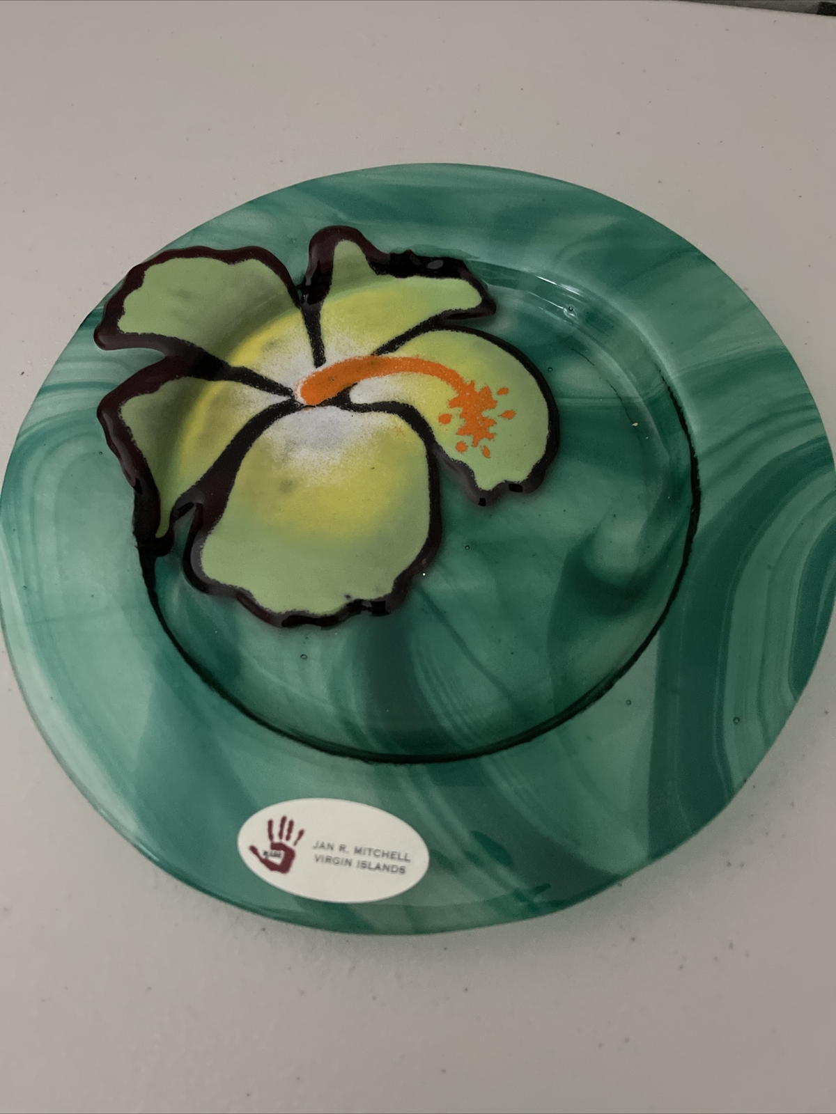 Jan Mitchell Studio Art Glass Signed Fused Hibiscus Plate Blue 5⅜” Diam
