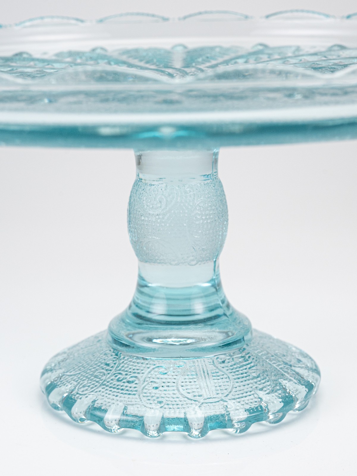 Vintage 1950s Jeannette Ice Blue Glass Feather Harp Pedestal Cake Plate Stand