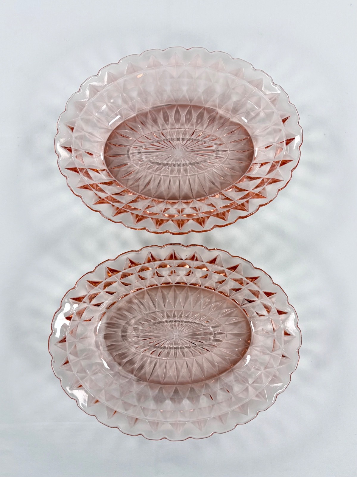 2 Vintage Jeannette Windsor Diamond Pink Depression Glass Oval Serving Bowls Set