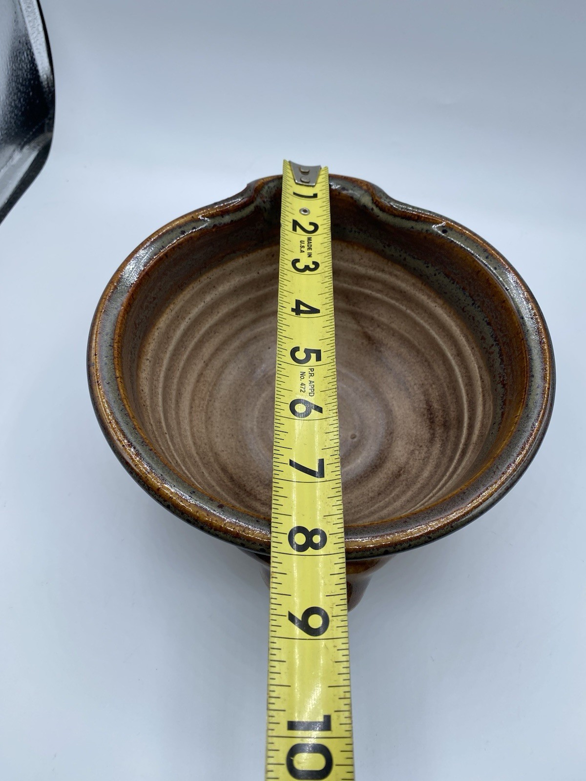 Studio Art Pottery Beige Brown Drip Glaze Ribbed Bowl w/Handle and Spout