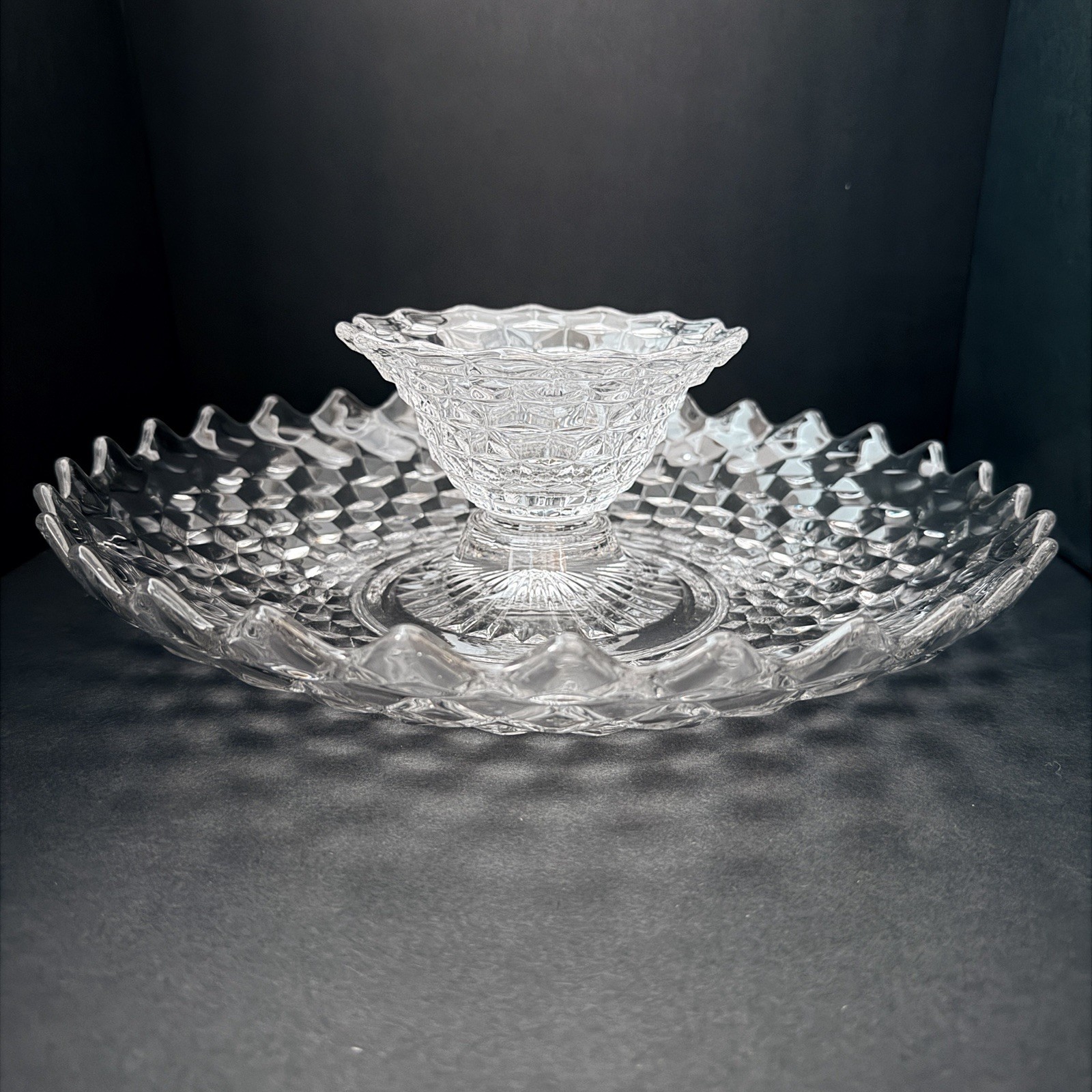 Rare Vtg American Clear by Fostoria Shrimp & Dip bowl (chip ‘n dip) 13″ x 4.25”