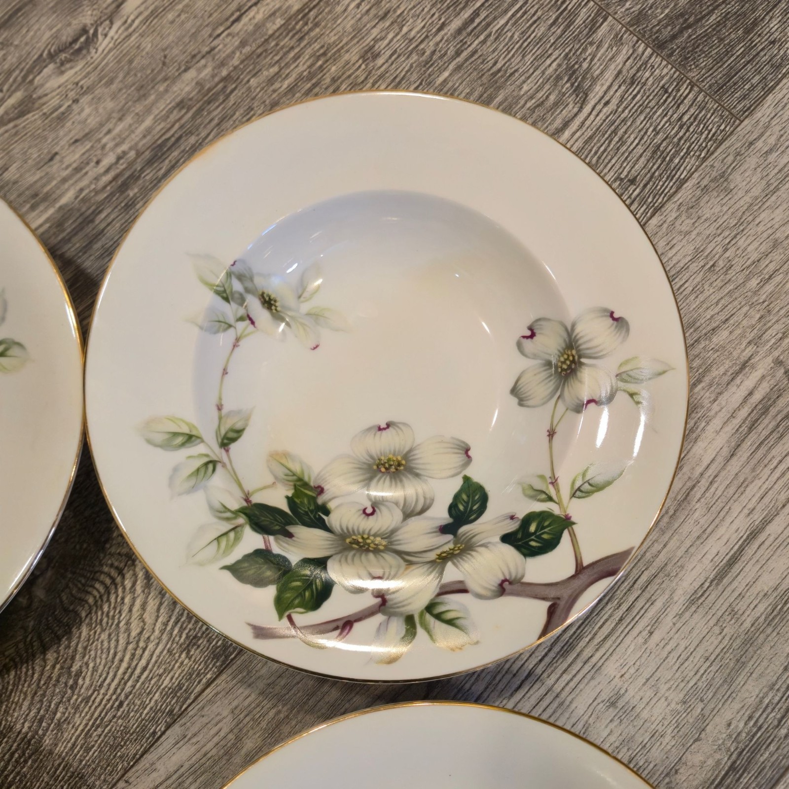 Vintage Dogwood floral Rimmed Soup Bowls Livonia Meito made in Occupied Japan x4