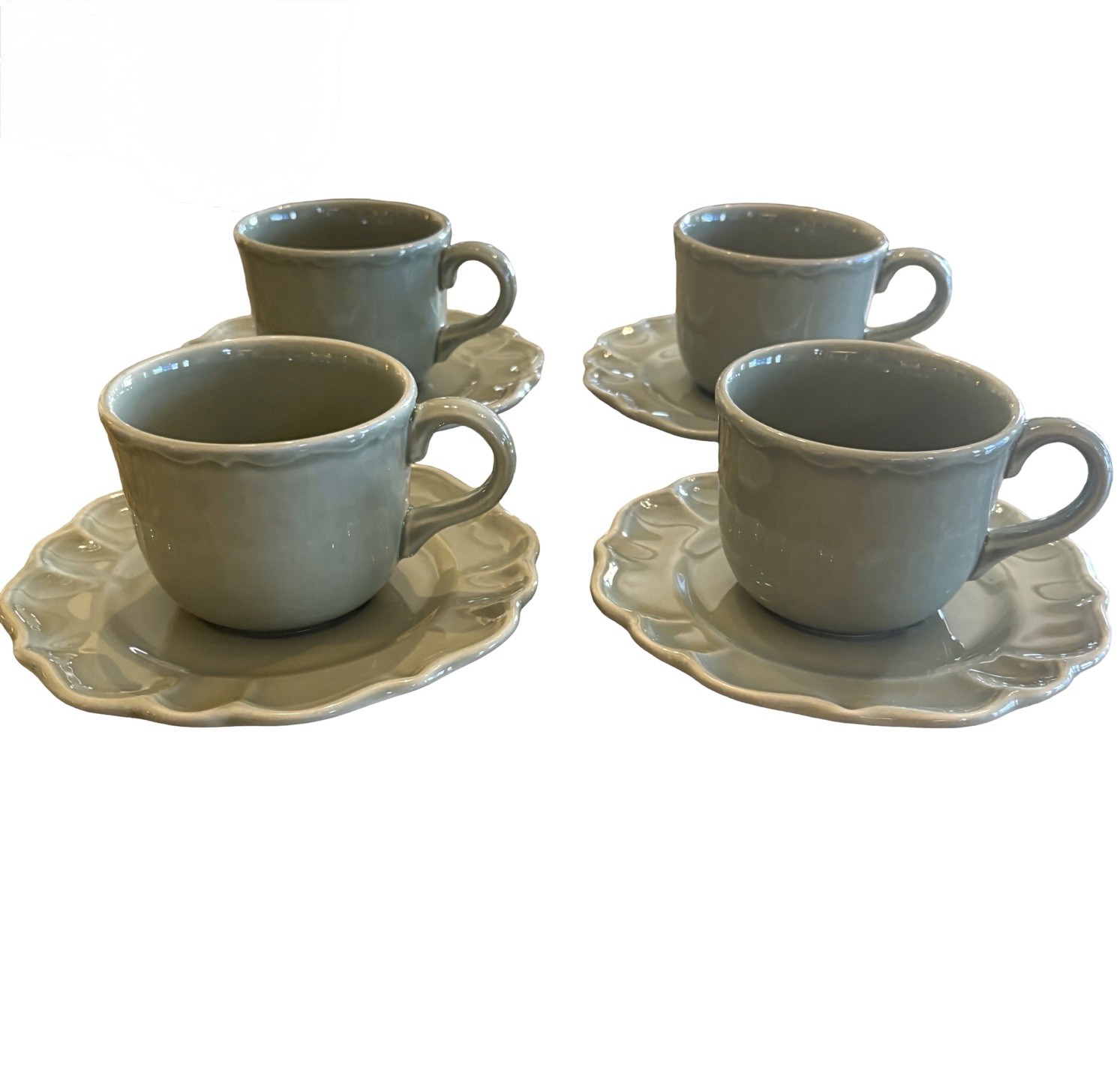 Varages France Vintage LUBERON CELADON Flat Cup and Saucer Set of 4 NEW