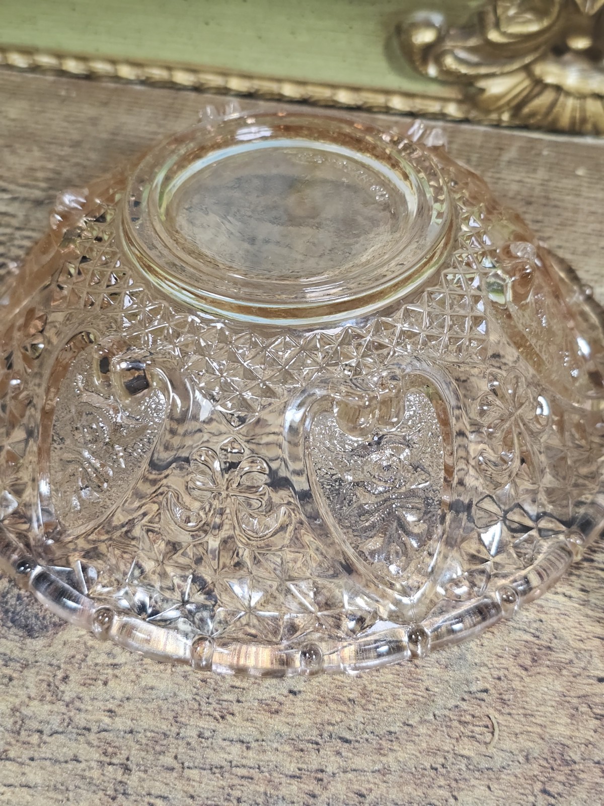 Vtg KIG Malaysia Pink Depression Glass Footed Candy Dish Heart & Rose Pattern