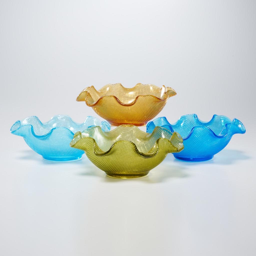 Colony Glass Cobalt Light Blue Yellow Amber Multicolor Ruffled Waffle Bowls MCM