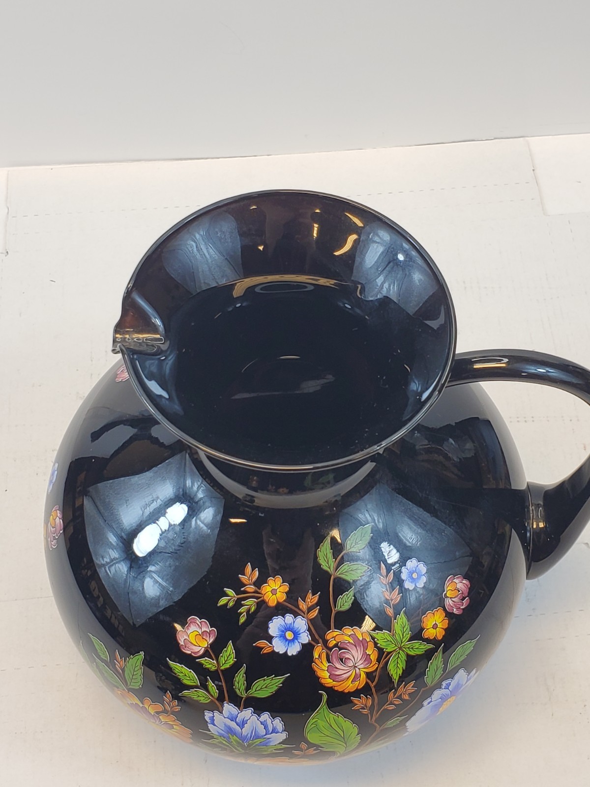 Italian Pitcher Home Decor 9.5” Tall Vintage Black Floral By Ardalt