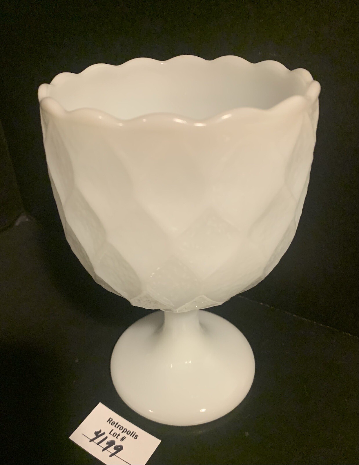 VINTAGE Milk Glass Footed Diamond Weave Candy Fruit Compote Server Chalice