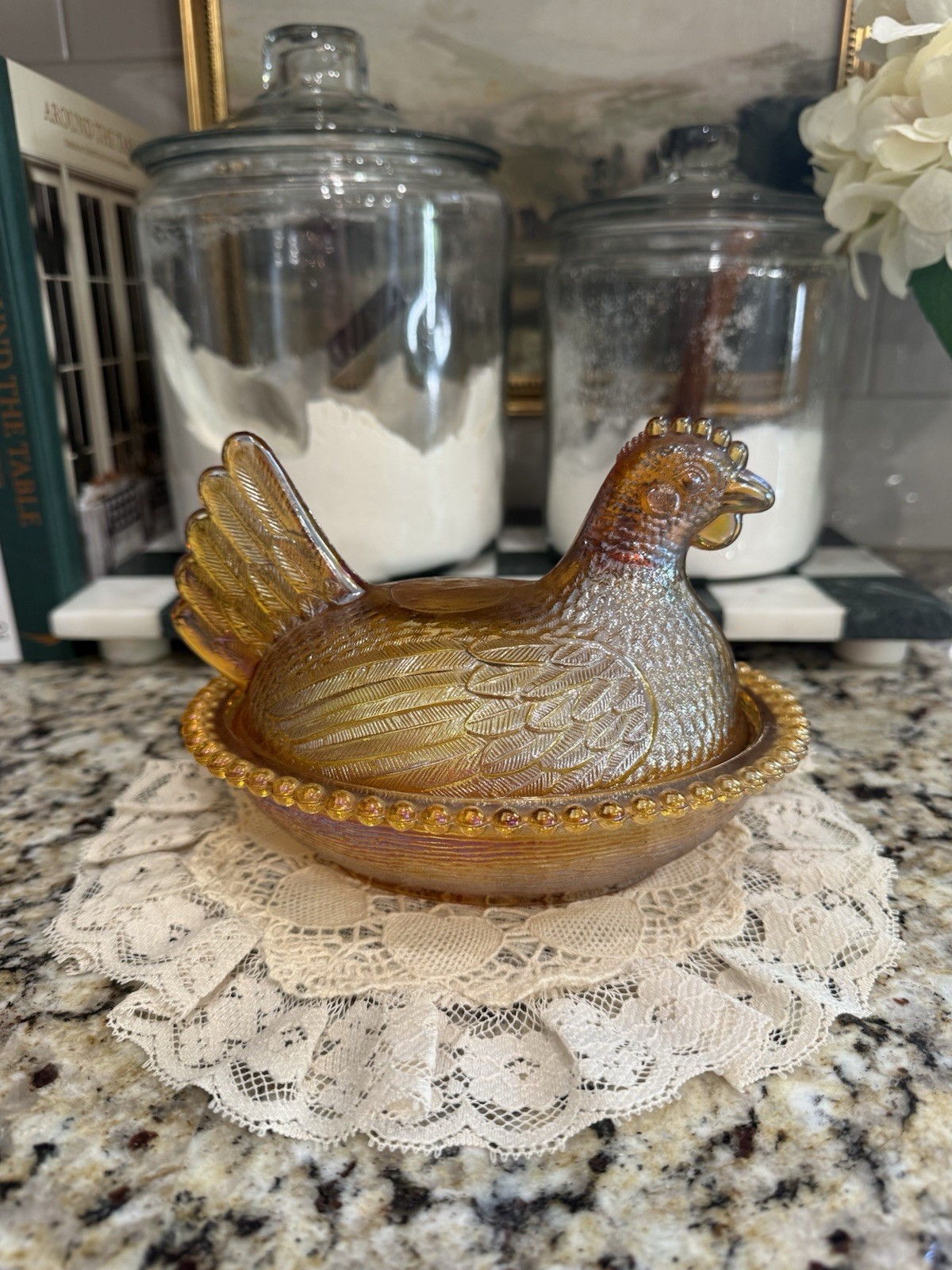 Indiana Glass Amber Carnival Hen On a Nest 7″ Candy Dish