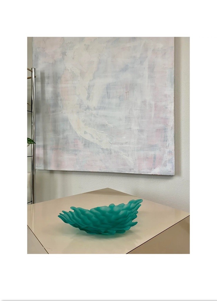 Postmodern Carved + Shaped Aqua Art Glass Asymmetrical Shallow Bowl
