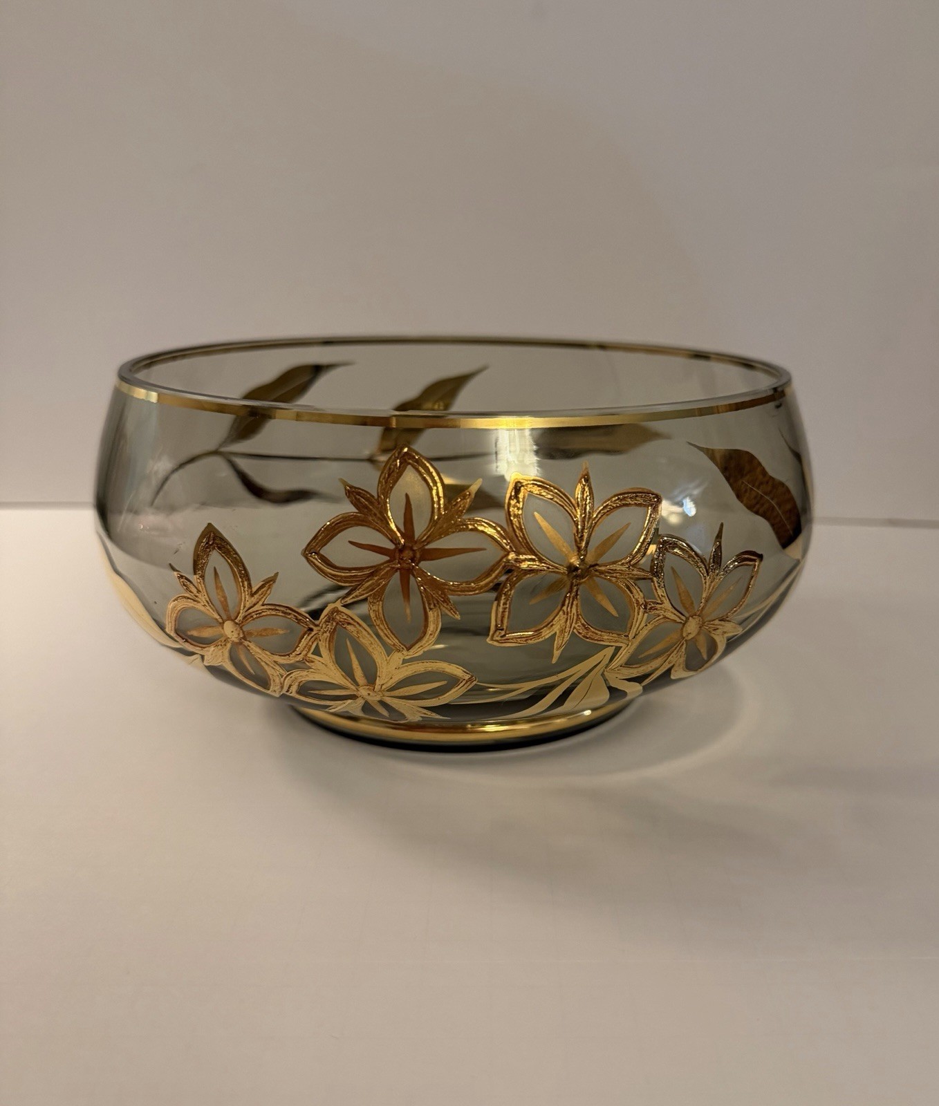 Vintage Bohemia Crystal Smoke Glass Bowl Gold Gilt Floral Czech MCM