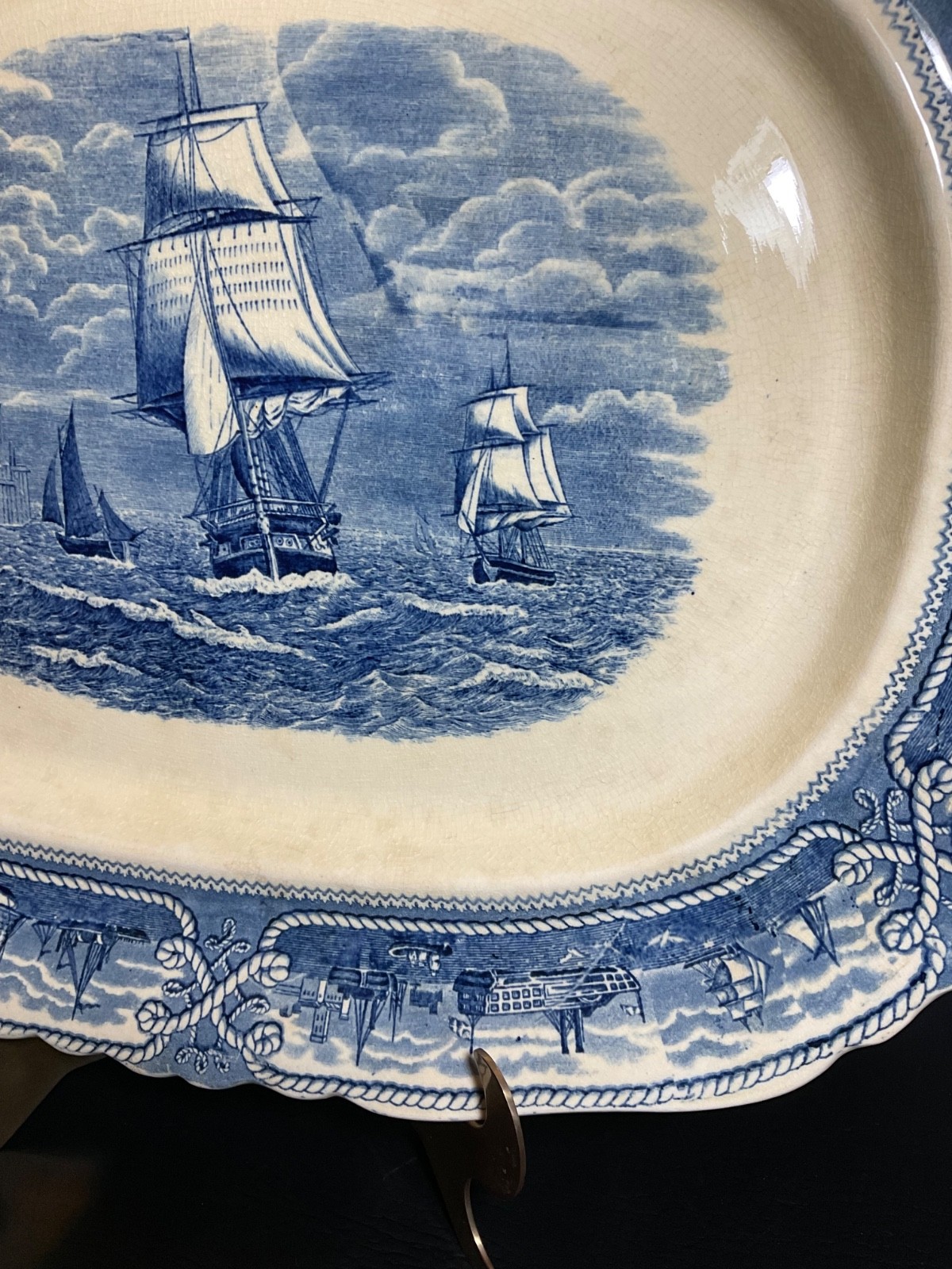 DEFECTIVE Antique Masons AMERICAN MARINE Ironstone Oval Blue 19 Platter G3D