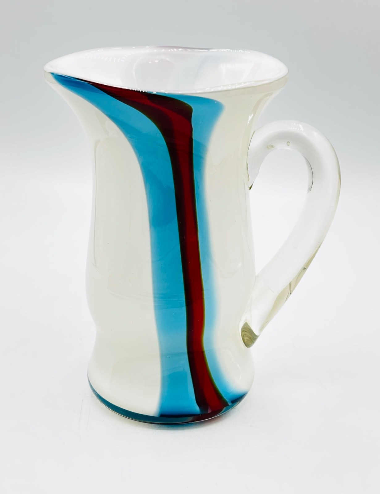 Gorgeous Handblown Art Glass Pitcher Carafe Vase in Fun Red White & Blue 8”