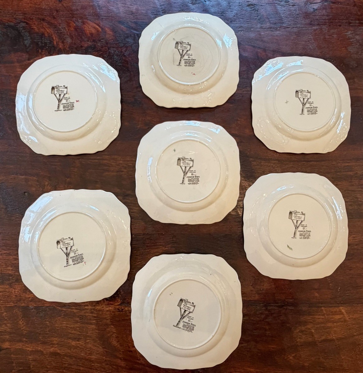Lot Of 7 Johnson Bros The Friendly Village Square Salad Plates Covered Bridge