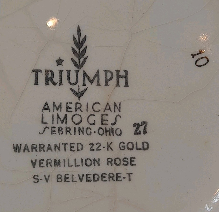 Vintage Triumph American Limoges China Vermillion Rose 22K Gold Mixing Bowl