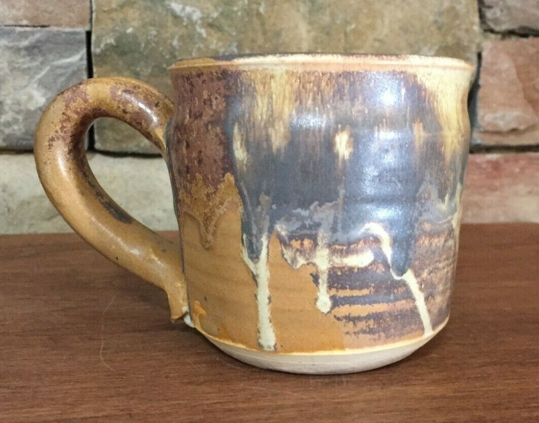 Hand Spun~Pottery~3½” Coffee Mug~Drip Glazed~Signed