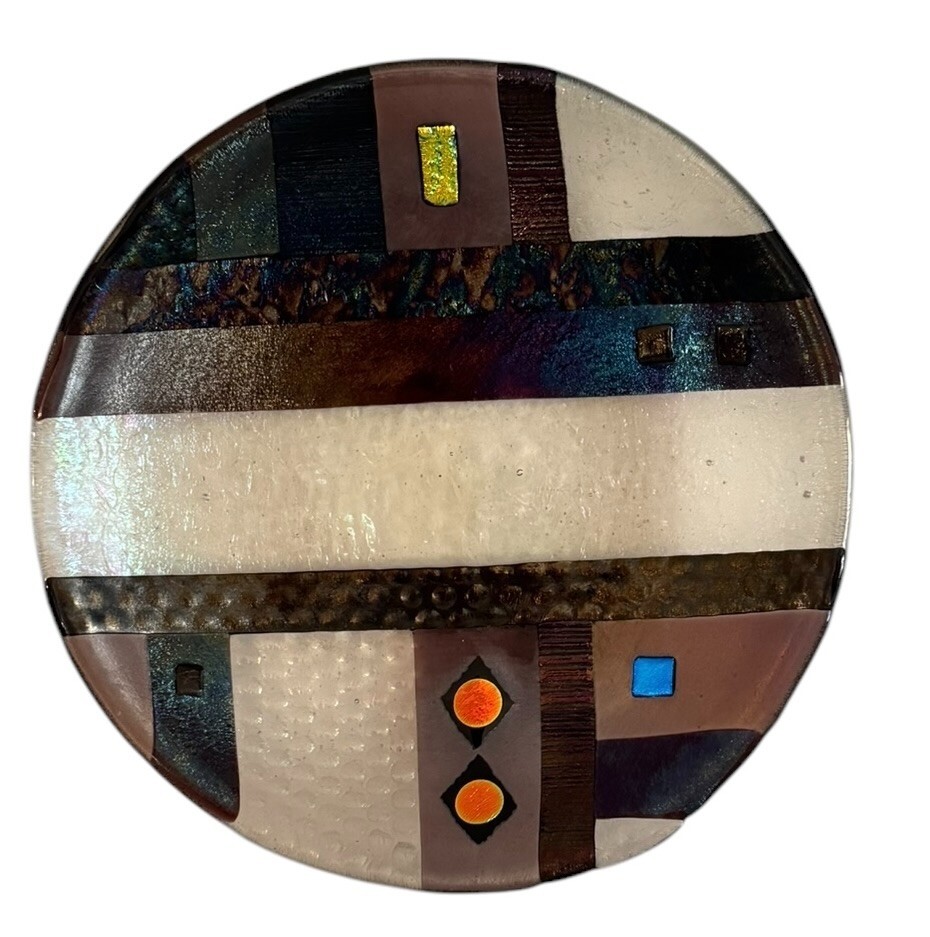 Geometric Textrd Dichroic Iridescent Fused Glass Plate Signed 7.5” Brn/Clear/Blk