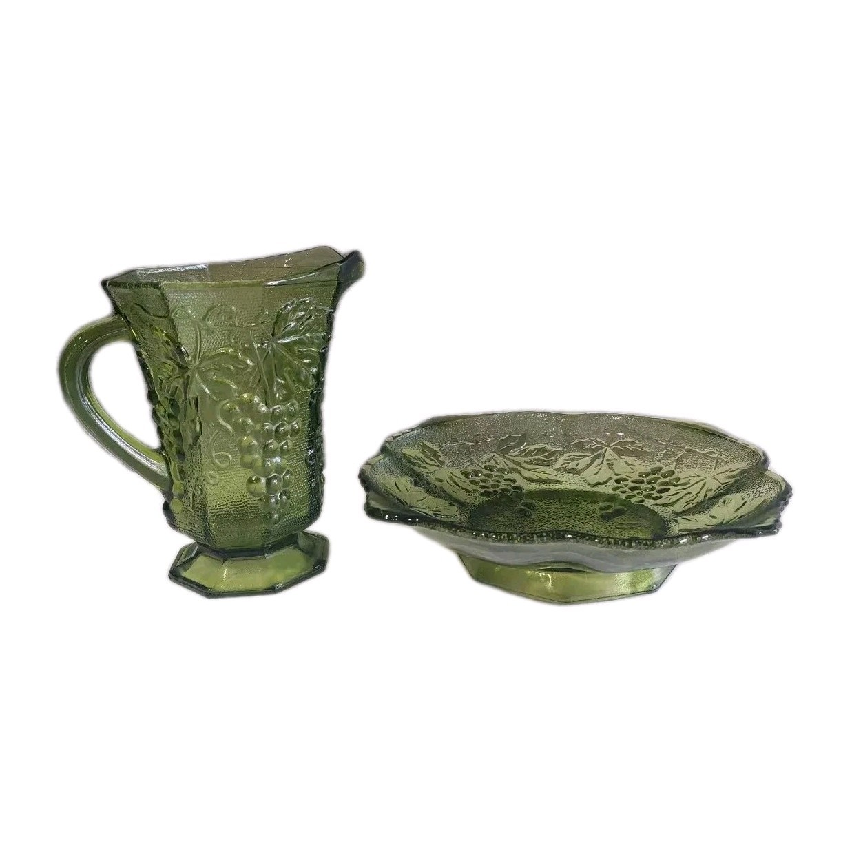 Anchor Hocking Olive Green Grape Harvest Patterned Pitcher & Squared Plate #372