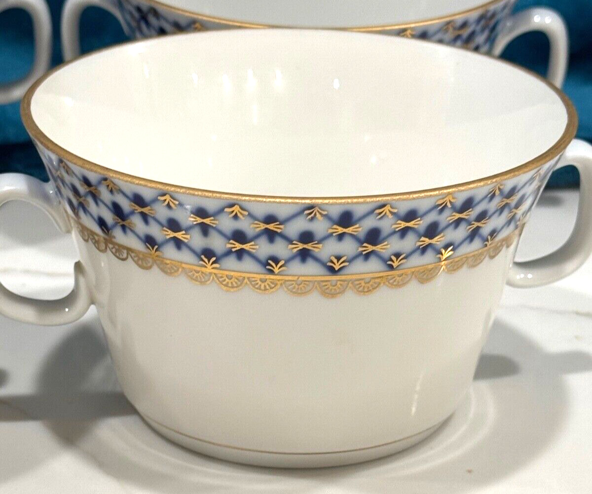 Lomonosov Imperial Porcelain Russian COBALT NET SOUP BOWL with SAUCER 4 NEW
