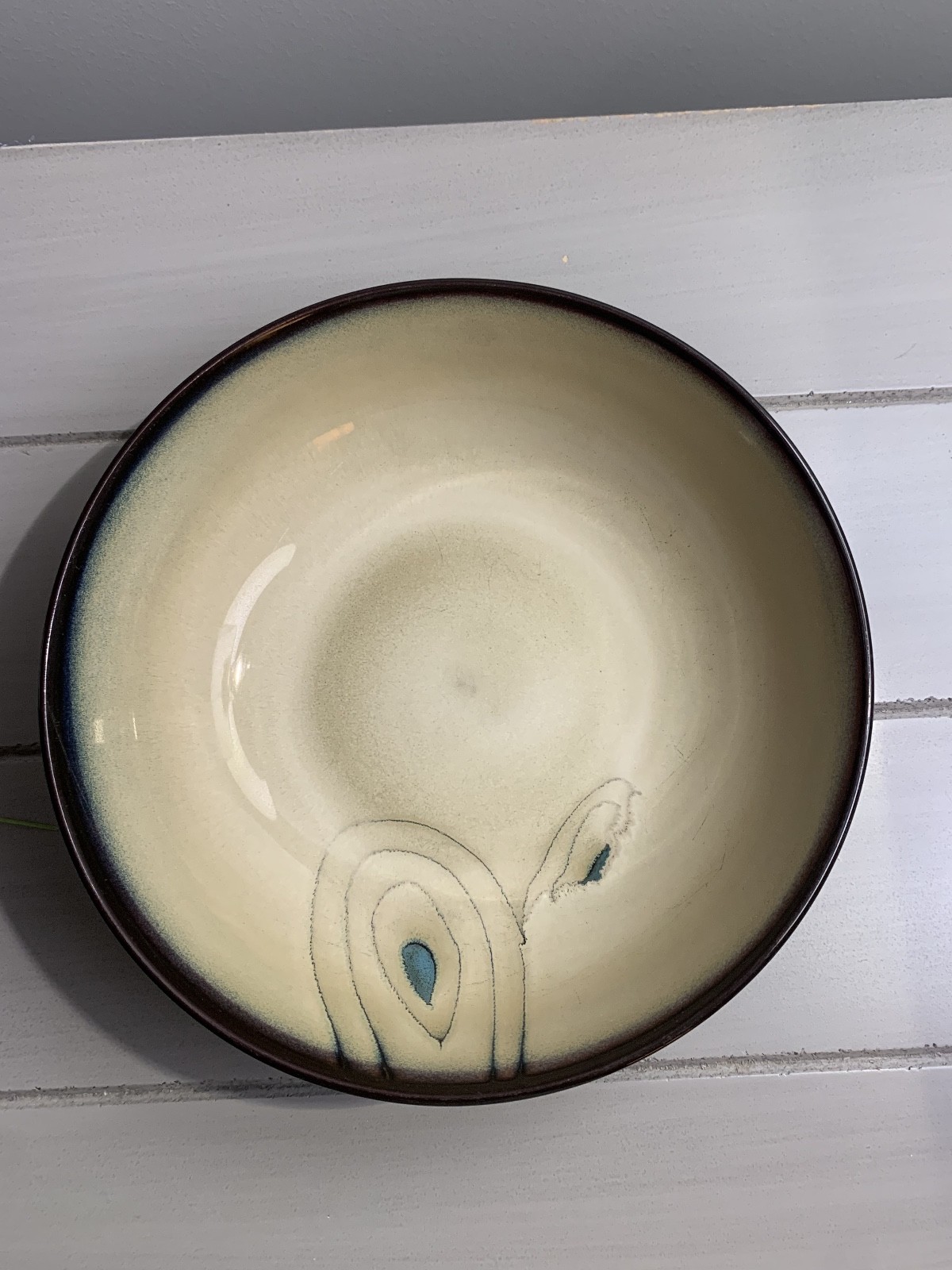 Pier 1 Teal Reactive Cereal Soup Bowl Peacock Blue Feather 7¾” One Stoneware