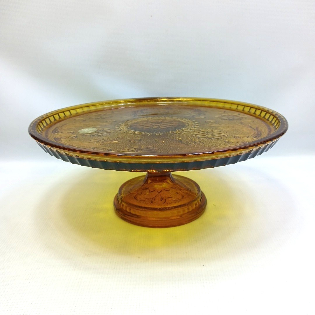 Vtg Indiana Glass Sandwich Pattern Amber Glass Footed 10.25″ Cake/Pie Stand