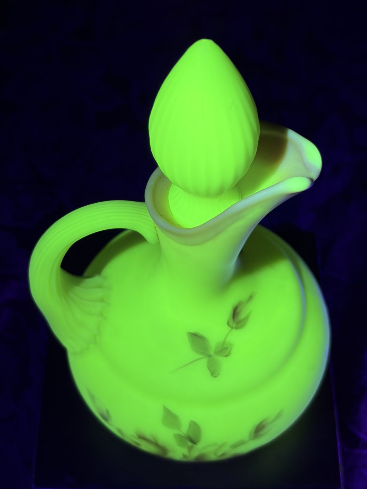 Vintage Fenton Burmese Satin Glass Cruet Stopper Hand Painted Roses UV Glow