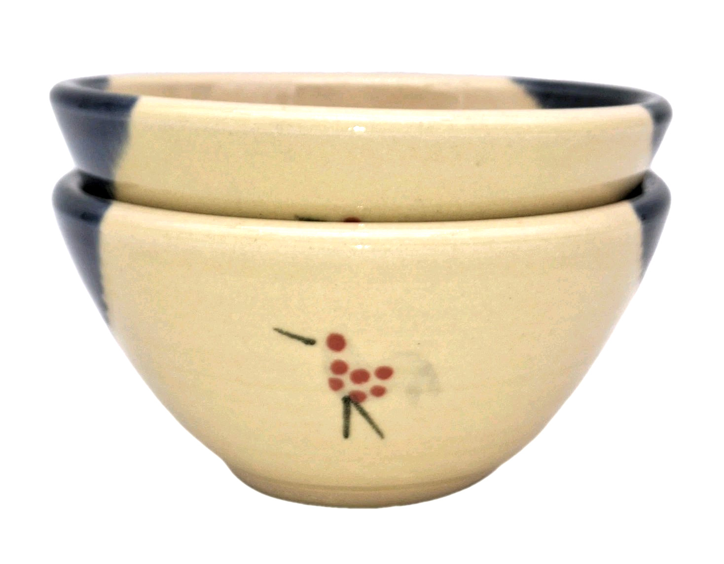 2 Mucros Ireland Bird Pottery Bowls Hand Thrown Spotted Tan Grey Blue Drip 6″
