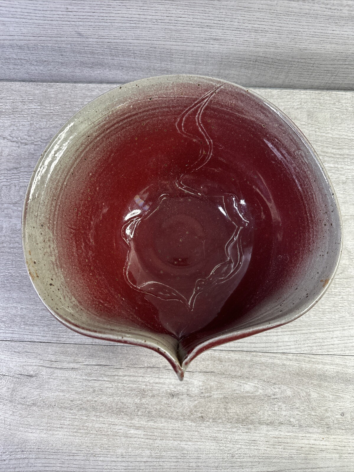 Studio Made Pottery Bowl Pinched Side Red Gray Abstract Design Signed