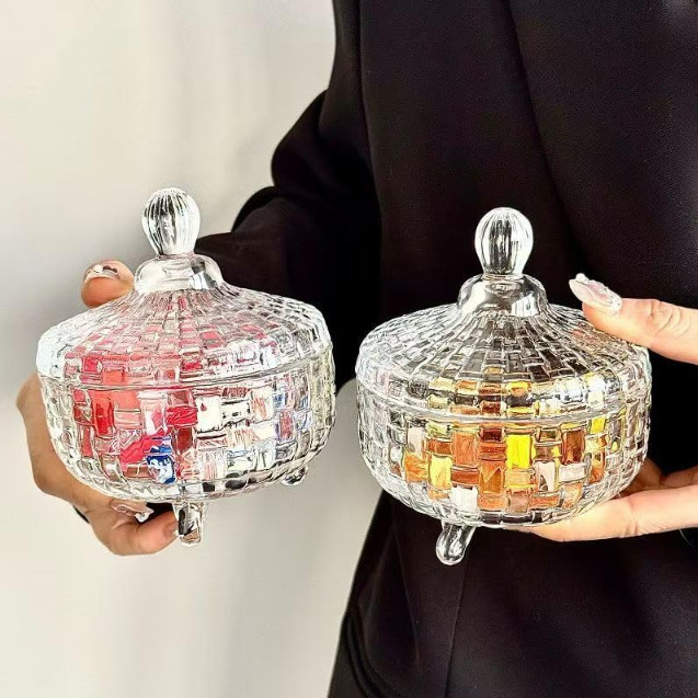 Candy Jar with Lid Crystal Candy Dish Bowl Weave Design Glass Sugar Storagefor W
