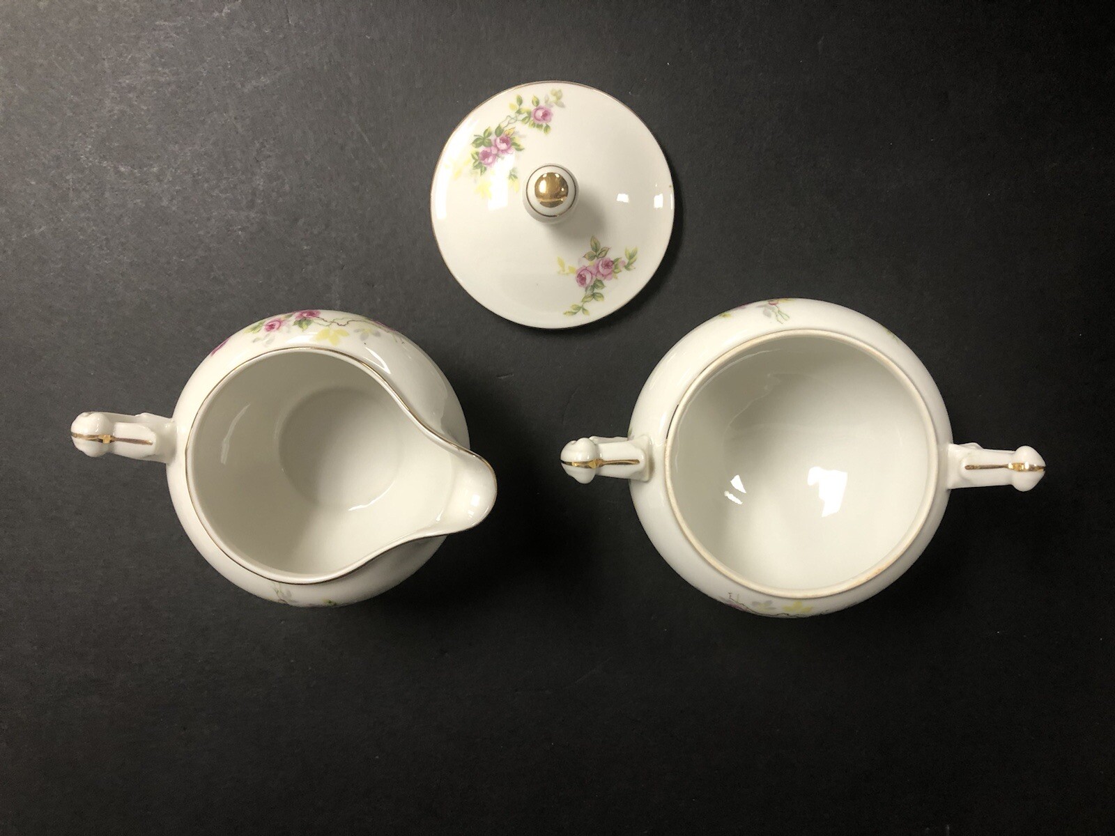 Pink White Rose CREAMER & SUGAR BOWL China SET Made in Occupied JAPAN 40’s Gold